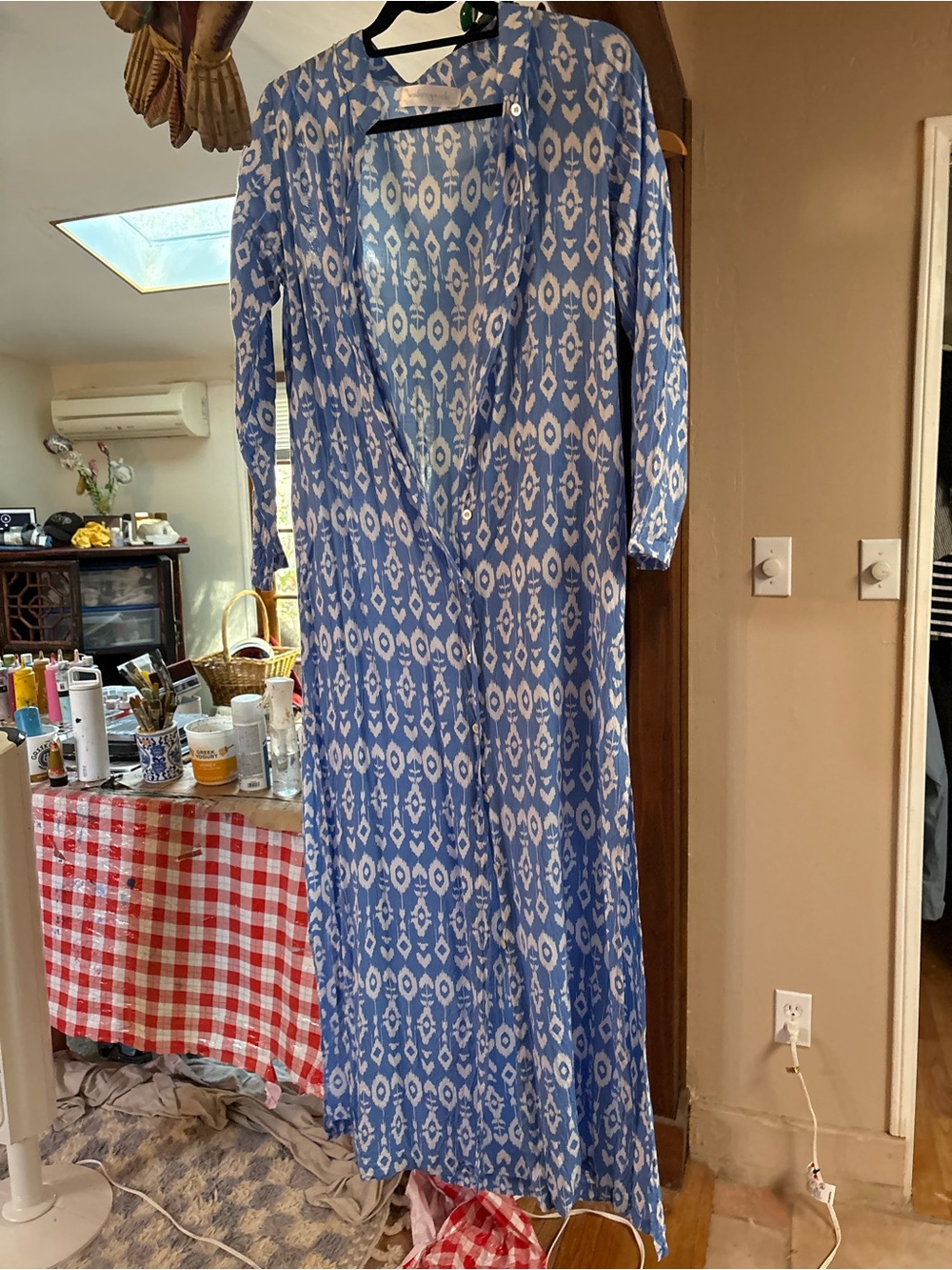 Walker & Wade Blue & White Ikat Mandarin Duster / Maxi Dress – Size L